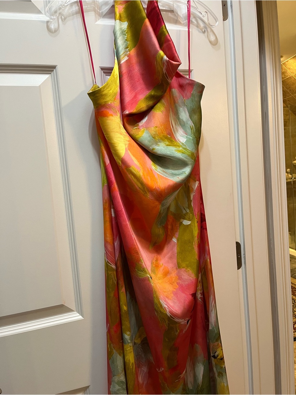Zara Multicolor Satin Halter neck Backless Slip Dress in Pink, Green and Gold